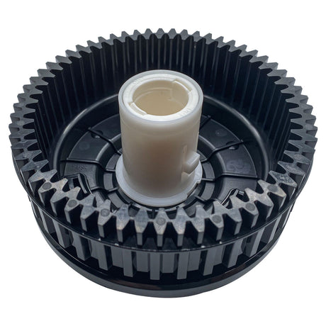 Black Polaris wheel with white center hub, top view
