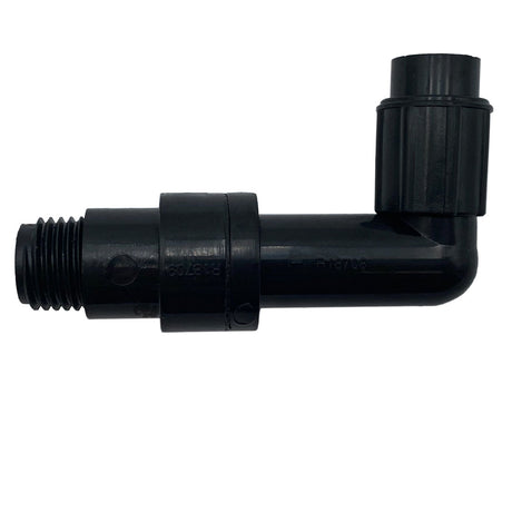 Black plastic combination check valve and elbow for Pentair Rainbow pool and spa feeder