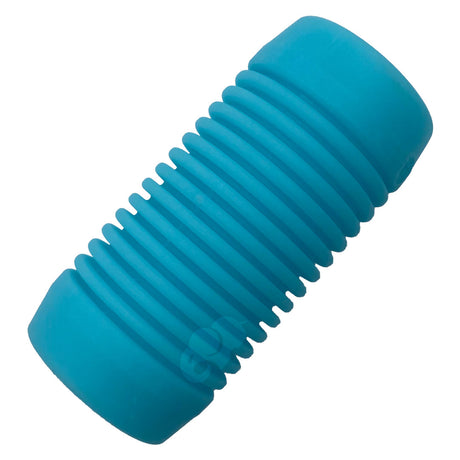 Blue accordion-style pool cleaner leaf trap with caps on both ends