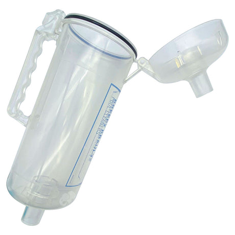 Clear Pentair leaf trap with handle and removable lid