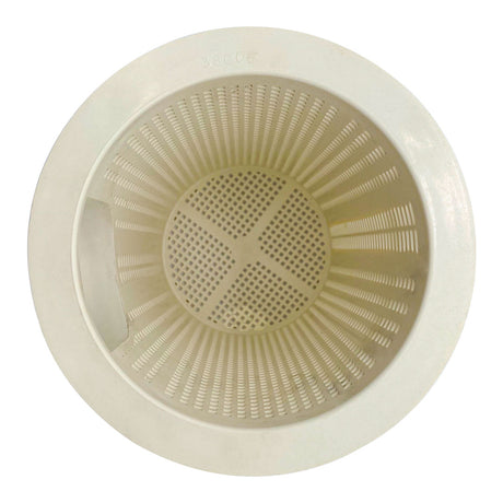 Pentair R38006 beige pool skimmer basket assembly with perforated cylindrical sides and flat bottom