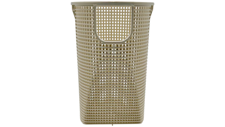 Beige plastic pool skimmer and pump strainer basket with handle tab