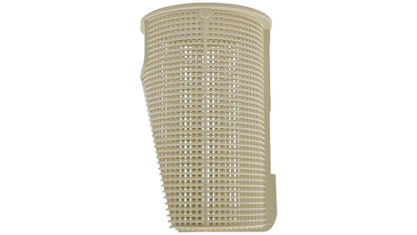 Beige replacement pool skimmer pump strainer basket with slotted sides and handle tabs