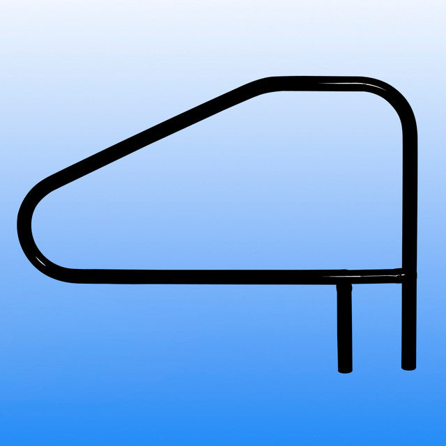 Black cross-braced 4-bend handrail with horizontal top and bottom rails on a blue background.