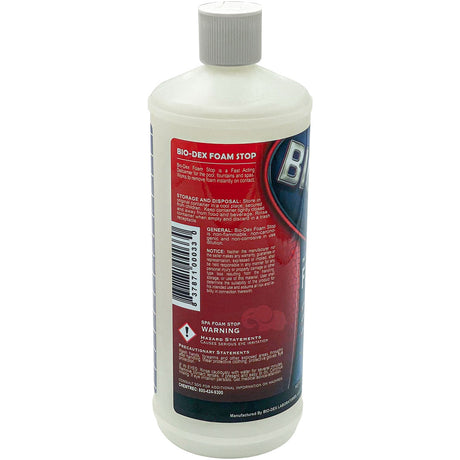 Bio-Dex Foam Stop, 1 quart (32 fl oz) bottle, side label view; follow the complete current container label.