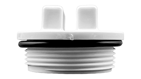 White threaded pool plug with black O-ring and two raised tabs