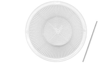 White plastic pool skimmer basket with metal handle tool on a white background