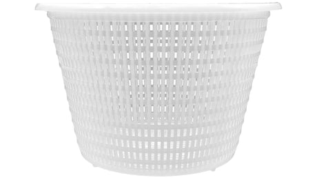 White plastic pool skimmer basket with tapered sides and slotted perforations, shown on a white background