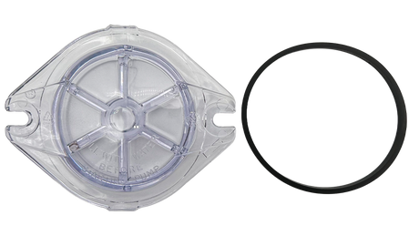 Clear Hayward MaxFlo pump strainer cover with black gasket