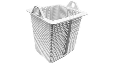 White Hayward Super Pump trap basket with molded handles and slotted sides