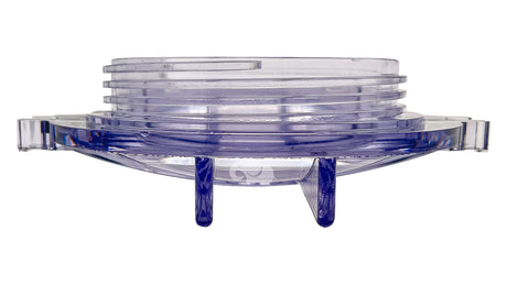 Transparent Hayward Super II pump strainer cover with blue hand-knob tabs and threaded top