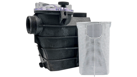 Black pool pump strainer housing with clear lid, drain plugs, and white basket insert