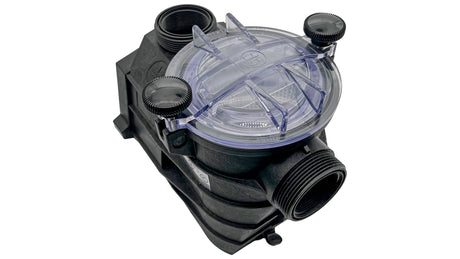 Super II pump housing/strainer with clear lid and drain plugs, 2" x 2" inlet and outlet connections
