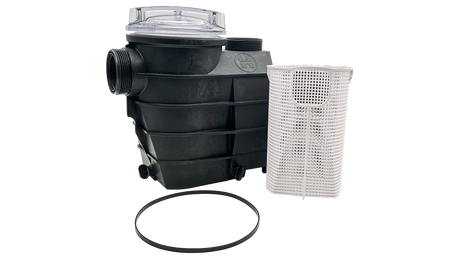 Black pool pump housing/strainer with clear lid, white strainer basket, and gasket ring