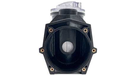 Black pool pump housing/strainer with clear threaded lid and drain plugs, front view