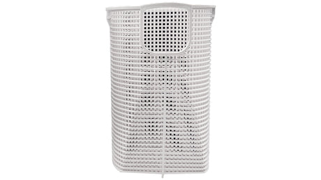White plastic pool pump strainer basket housing with square grid openings and drain plug ports