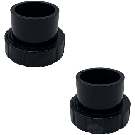 Two black pool pump union connectors on a white background