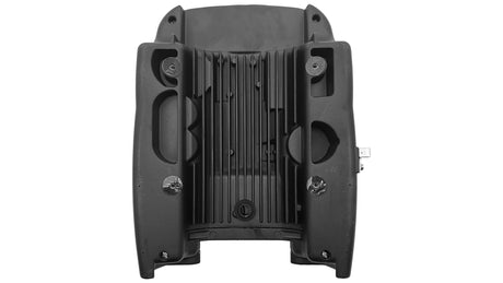 Black finned pump motor drive housing with mounting brackets and connection port, rear view