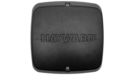 Black Hayward pump cover with centered logo and mounting screws