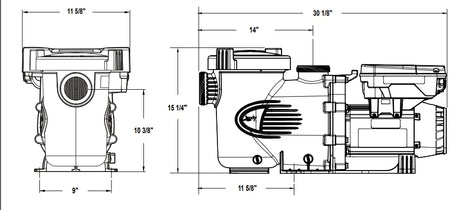 Dimensioned technical drawing of the Jandy ePump 2.7 HP variable-speed pool pump showing front and side views with measurements