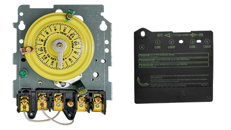 Intermatic 24-hour mechanical time switch with yellow dial and wiring terminals, front and cover shown