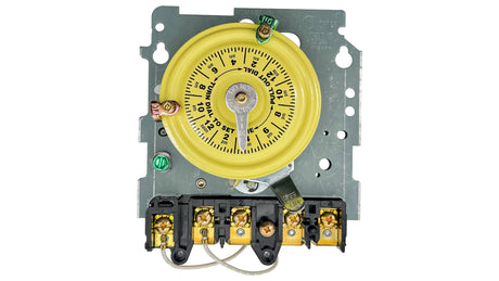 Intermatic 24-hour mechanical time switch with yellow dial and terminal connections mounted on metal base