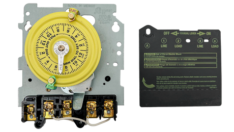 Intermatic mechanical time switch with yellow 24-hour dial, wiring terminals, and black cover plate showing line and load labels