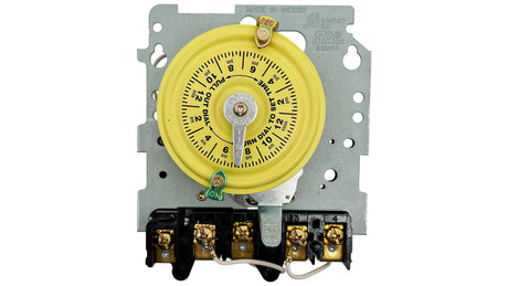 Intermatic T106M 24-hour mechanical time switch with yellow dial and wired terminals on metal mounting plate
