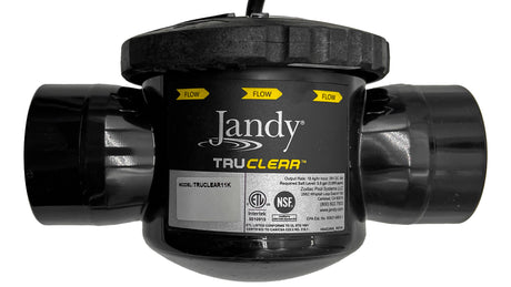 Jandy TruClear salt chlorinator cell with union fittings, model TRUCLEAR11K, black housing on white background