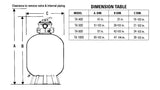Pentair TA 40D Tagelus sand filter dimension diagram with dimensions table and clearance measurements