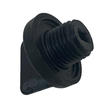 Black Pentair drain plug assembly with threaded end and O-ring seal