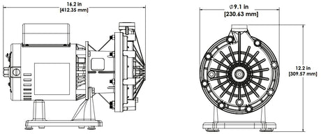 Technical dimension drawing of a Pentair booster pump showing side and front views with measurements