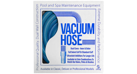 Oreq Vacuum Hose packaging with blue coiled pool vacuum hose graphic and product features text