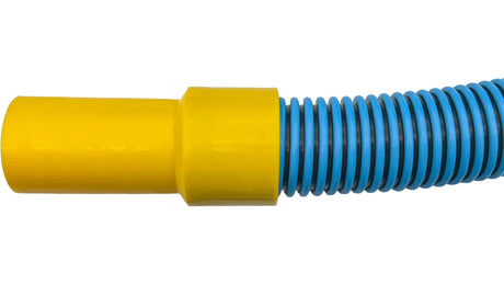 Yellow swivel cuff attached to blue corrugated vacuum hose end