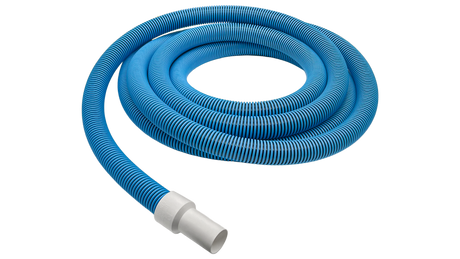 Coiled blue pool vacuum hose with white swivel cuff end connector