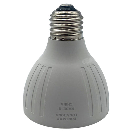 Gray LED spa bulb with metal screw base on a white background