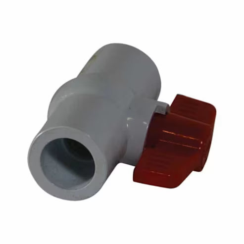 Gray PVC ball valve with red handle, 3/4-inch slip x slip connection