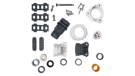 Pool light mounting kit with brackets, rings, gaskets, screws, and cable connector components