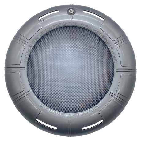 Round gray Hayward pool light face with textured lens and Blue Square Vivid 360 branding