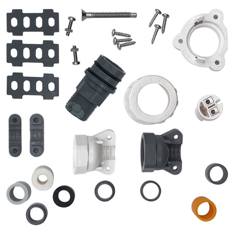 Pool light installation kit with mounting brackets, screws, adapters, gaskets, and conduit fittings