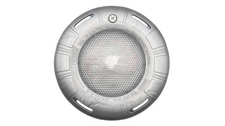 Blue round spa light lens with gray housing on blue background