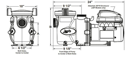 Jandy VS FloPro variable speed pump dimension diagram with JEP-R controller enclosure measurements and bolt hole spacing