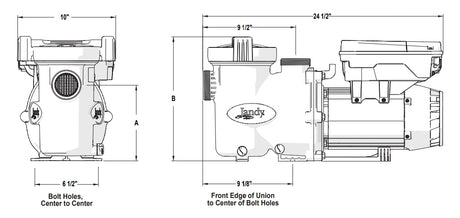 Jandy VS FloPro pool pump dimension diagram with front and side views showing overall measurements and bolt hole spacing