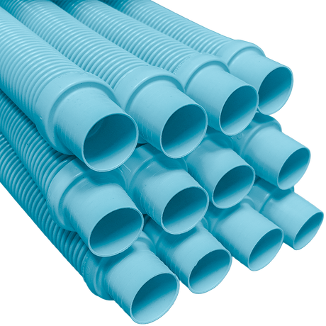 Stack of aqua ribbed pool hose sections with connector ends