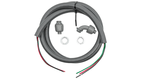 Gray flexible wire whip kit with conduit fittings and two grounding washers, showing exposed colored leads for motor hookup