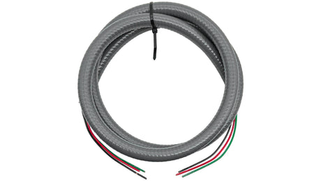 Gray wire whip kit with coiled flexible conduit and exposed red, green, and black leads on both ends