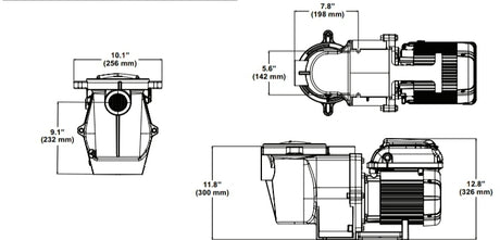 Technical dimension drawing of the Pentair WhisperFlo VST variable speed pool pump with front, top, and side views and measurements in inches and millimeters