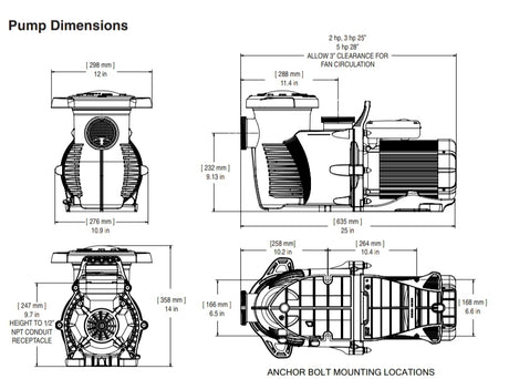 Pentair WhisperFlo XF pump dimensions diagram with front, side, rear, and top views and anchor bolt mounting locations