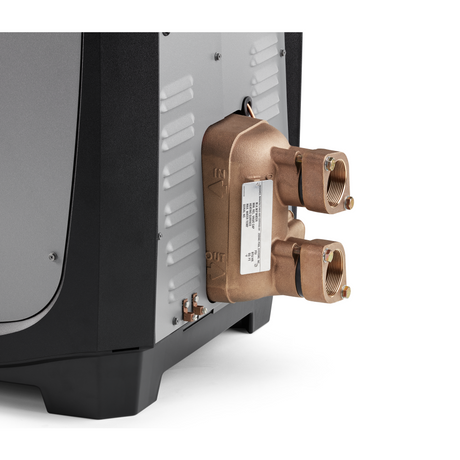 Jandy JXiQ pool heater side view with copper cupro nickel water connections and black housing