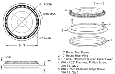 AquaStar 10AVR101 flat-grate cover, solid riser and solid riser and mud frame specification drawing with dimensions, included components and both screw lengths; finish color not shown